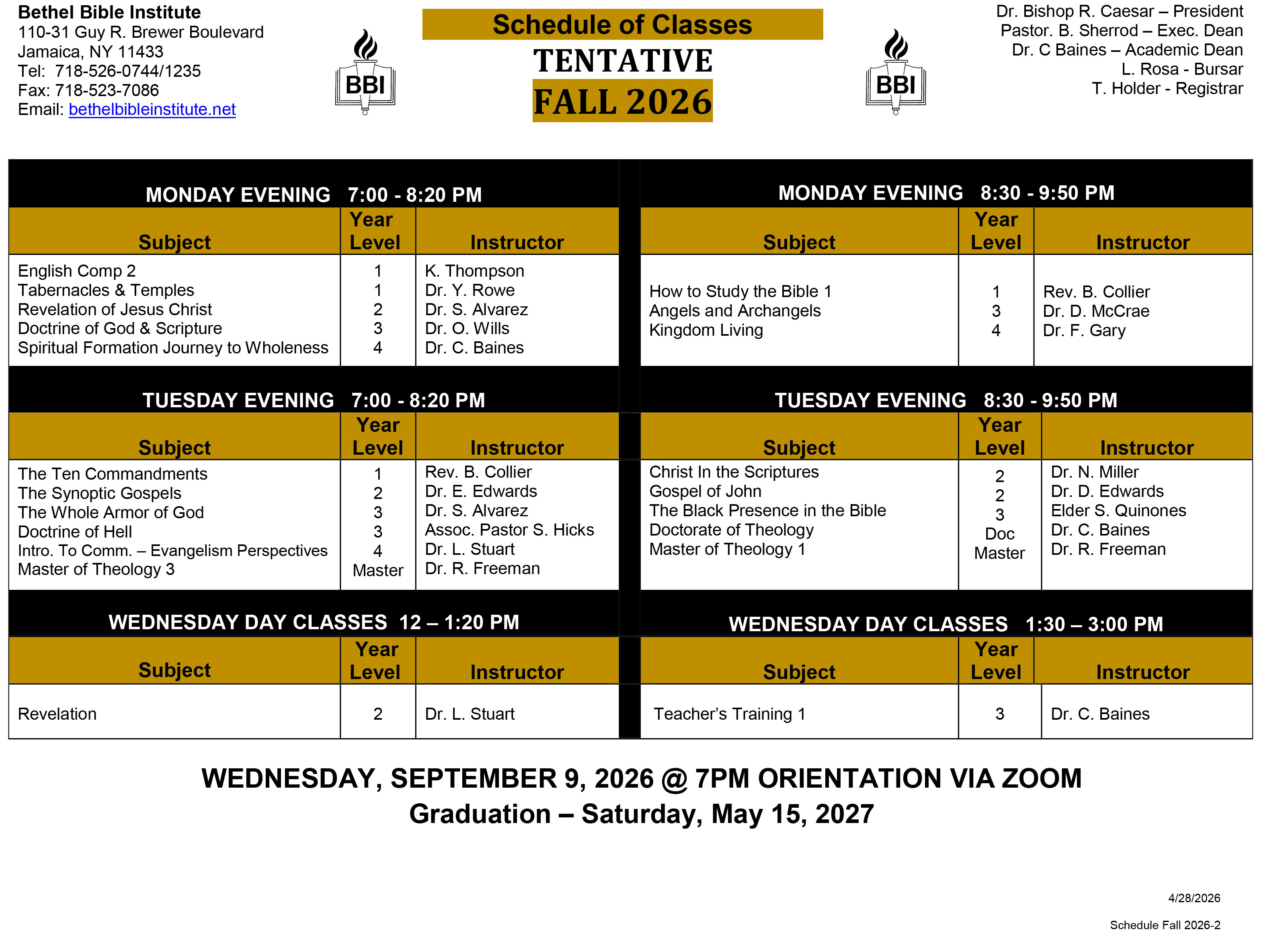 2026 FALL SCHEDULE
