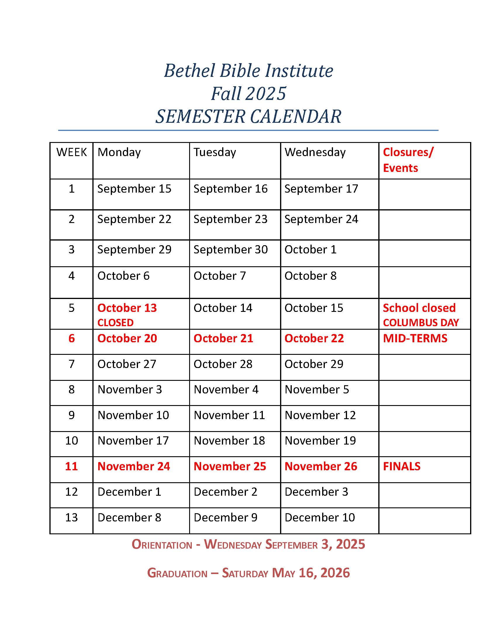 FALL 2025 SCHEDULE CALENDAR